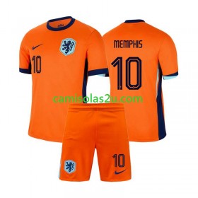 Camisolas de futebol Holanda Memphis Depay 10 Criança Equipamento Principal Euro 2024 Manga Curta